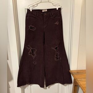 Free People Distressed Corduroy Wide Leg Jeans in Maroon color
